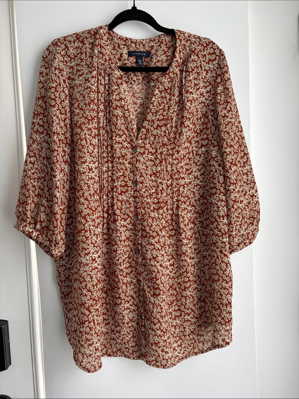 Lands' End Rust and Cream Floral Button V-Neck Blouse